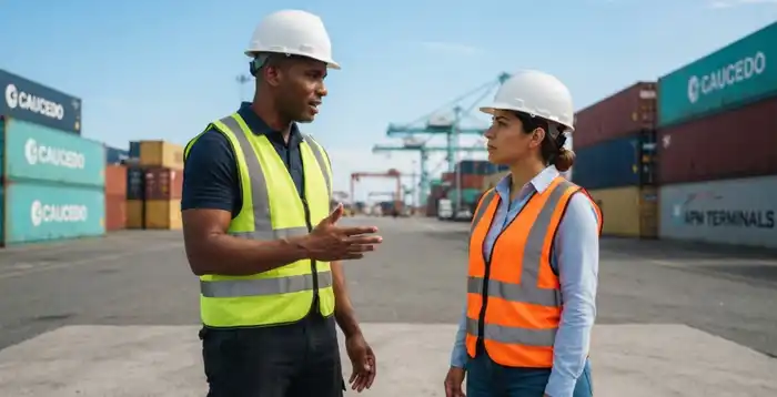 Profesionales supervisan operaciones en una terminal portuaria, reflejando procesos de compras internacionales, logística y abastecimiento estratégico en el comercio global.