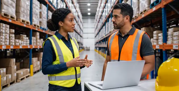 Profesionales gestionan operaciones de logística y abastecimiento en un almacén con apoyo de una computadora portátil.
